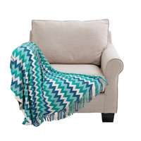 SOGA 220cm Blue Zigzag Striped Throw Blanket Acrylic Wave Knitted Fringed Woven Cover Couch Bed Sofa Home Decor