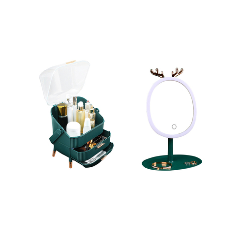 SOGA Green Cosmetic Jewelry Storage Organiser with Antler LED Light Mirror Tabletop Vanity Set