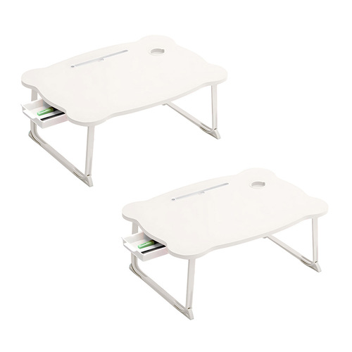 SOGA 2X White Portable Bed Table Adjustable Folding Mini Desk With Mini Drawer and Cup-Holder Home Decor